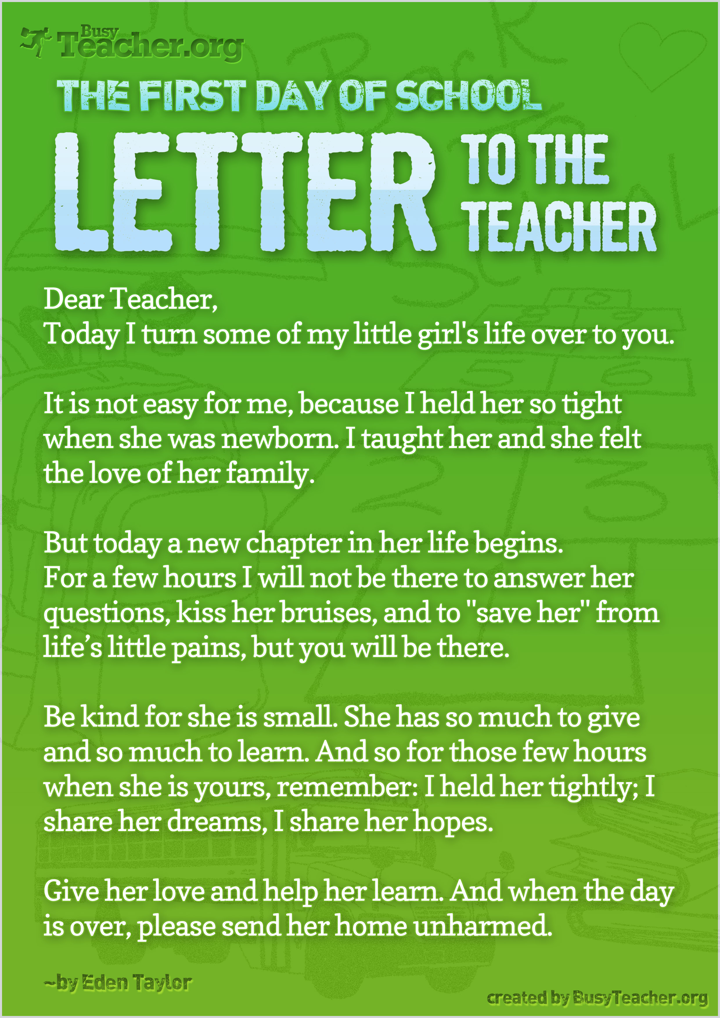 The First Day Of School — Letter To The Teacher Poster