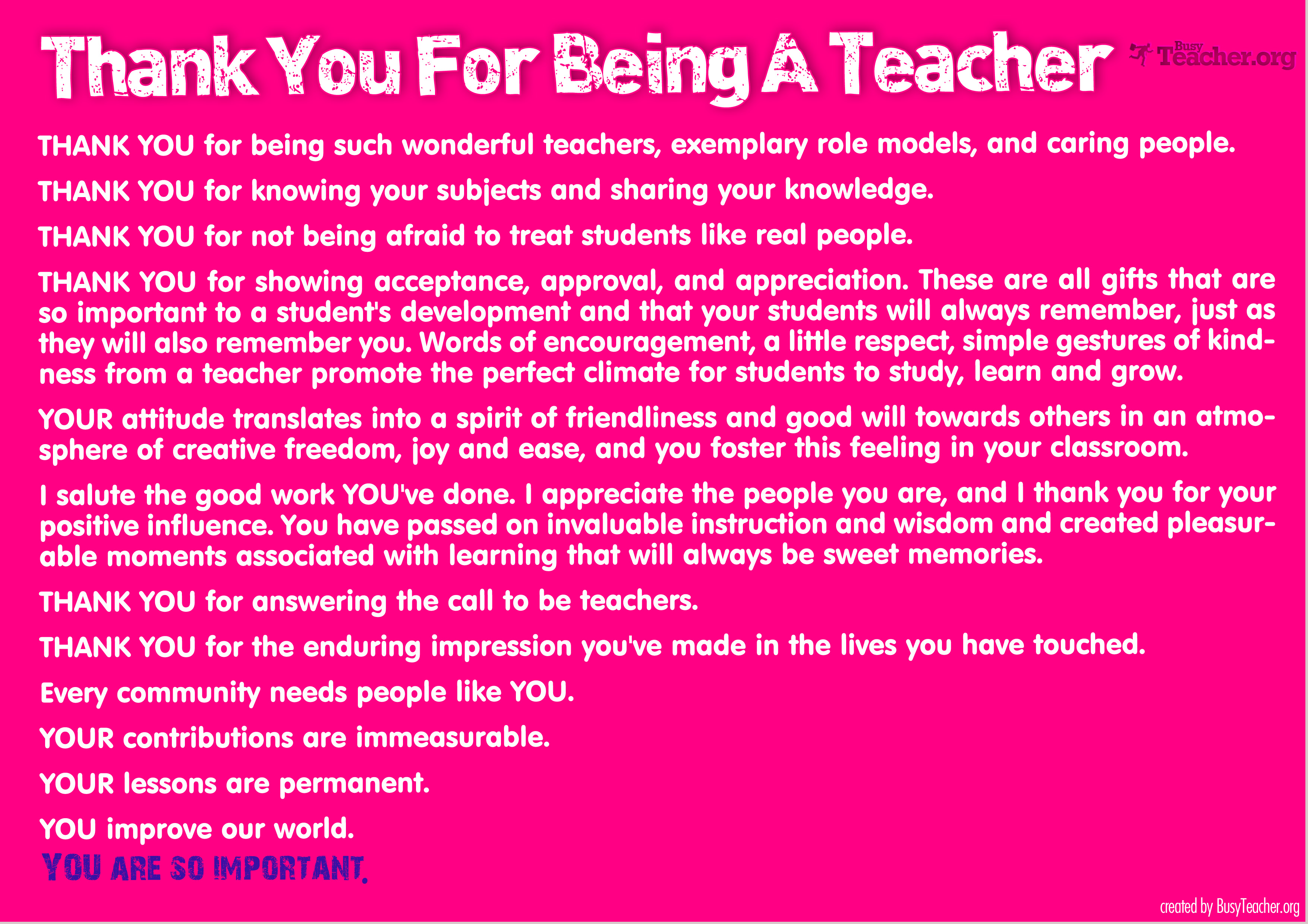 Thank You For Being A Teacher Poster