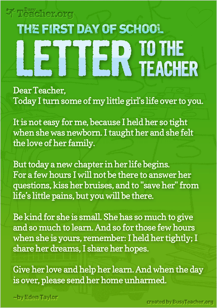 the first day of school  u2014 letter to the teacher  poster