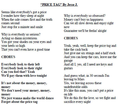 Song Worksheet Price Tag By Jesse J