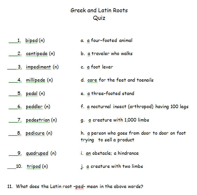 The Greek or Latin Roots for -ped- Quiz