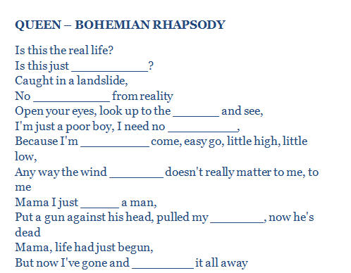 Song Worksheet: Bohemian Rhapsody by Queen