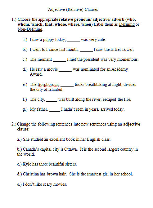 18 FREE Adjective Clauses Worksheets