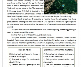 Central Park Reading Worksheet