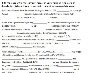 tenses mixed exercises gap paragraph fill robin hood exercise answers grammar worksheets articles