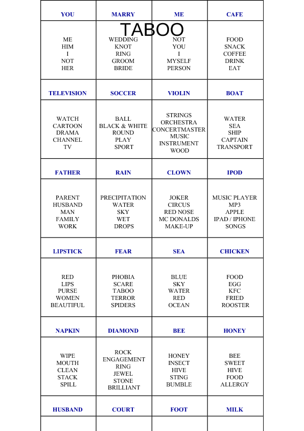 taboo game words list free