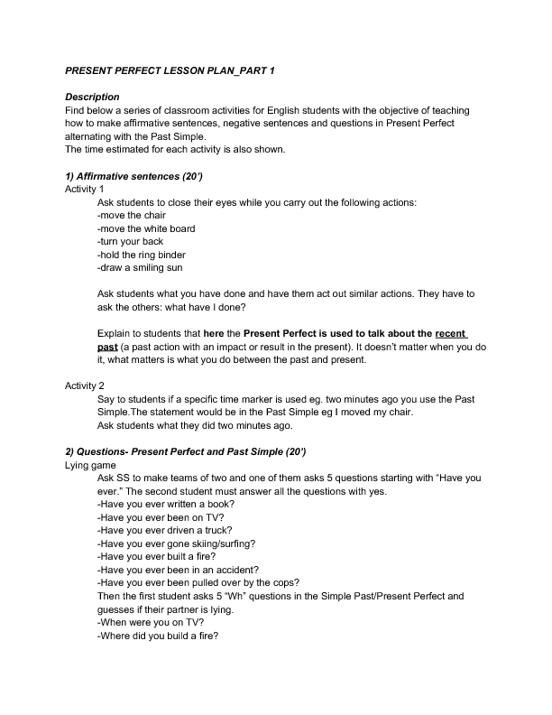 Speaking Skills Lesson Plan Present Perfect And Past Simple 