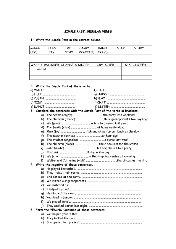 Simple Past Worksheet Regular Verbs