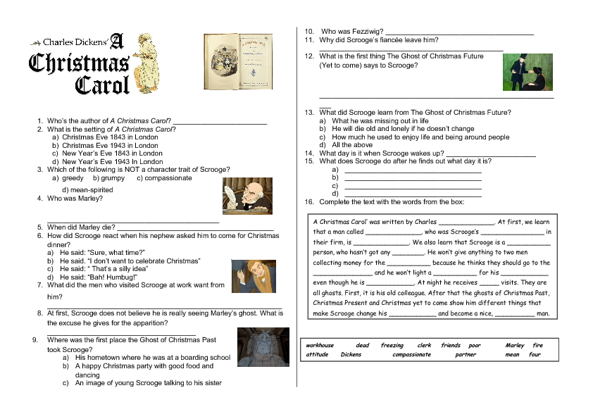 A Christmas Carol: Comprehension Worksheet