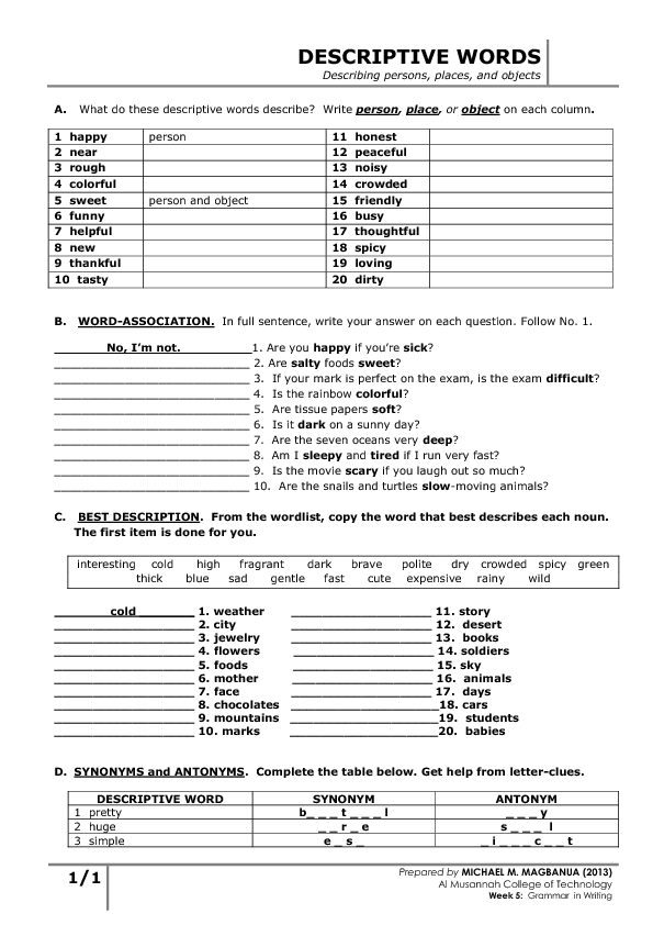 Using Descriptive Words Worksheet