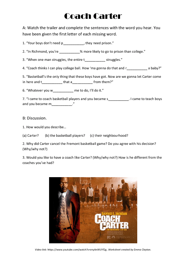 Movie Worksheet: Coach Carter Video & Qus - Teens (Movie Trailer)