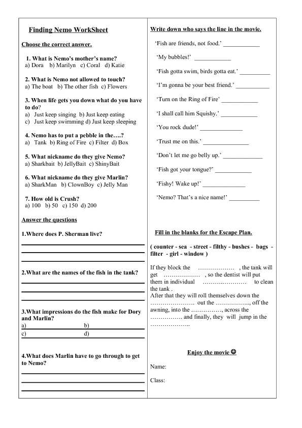 Movie Worksheet Finding Nemo