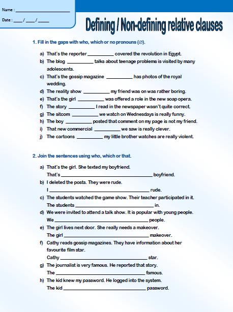 Defining And Non Defining Clauses Worksheet