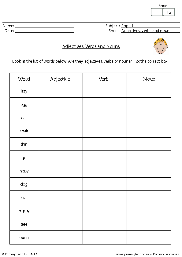 Worksheets On Nouns Verbs And Adjectives