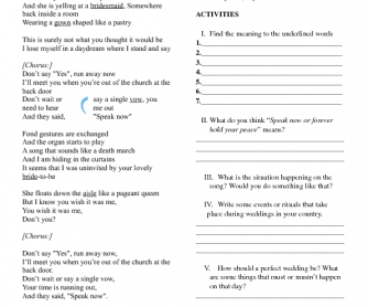 Song Worksheet: Speak Now by Taylor Swift