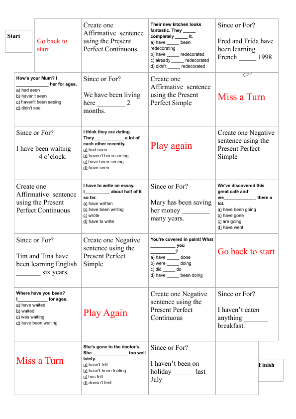 Present Perfect Simple And Continuous Board Game