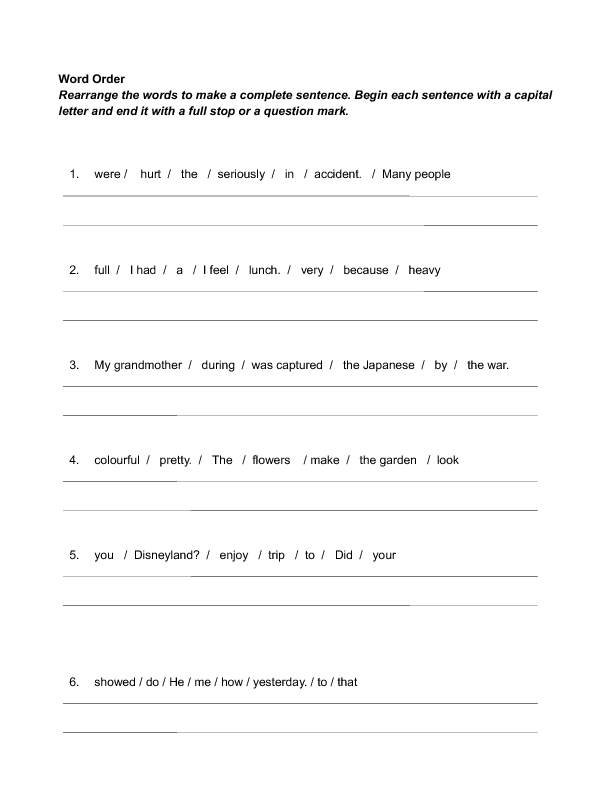 Sentence Word Order Worksheet