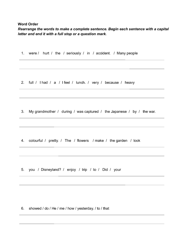 Sentence Word Order Worksheets