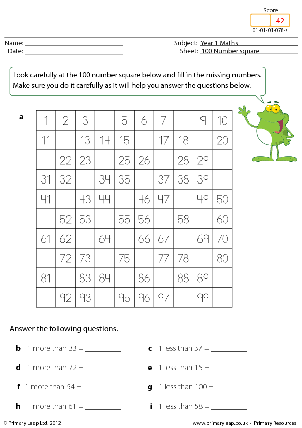 Missing Numbers 100 Number Square