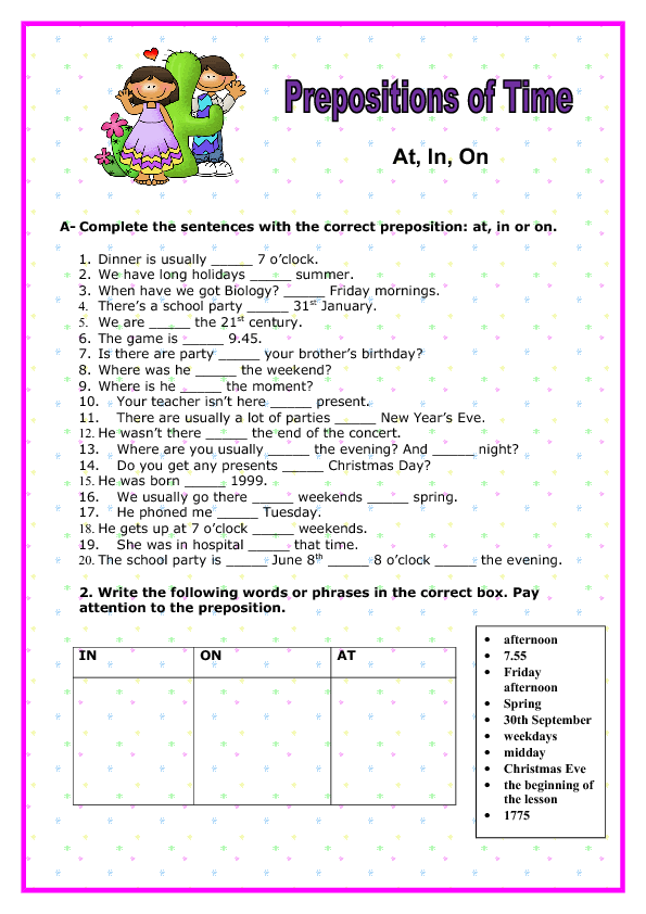 At, In, On: Prepositions of Time Elementary Worksheet