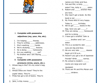 Possessive Adjectives and Pronouns Worksheet