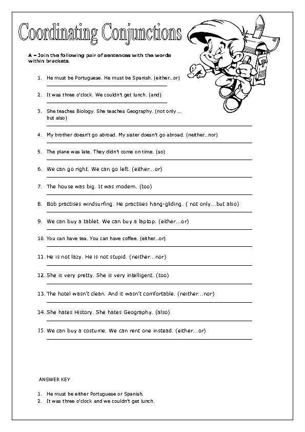 Worksheet On Coordinating Conjunctions With Answers