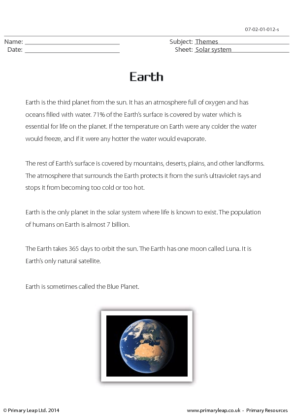 Earth - Reading Comprehension