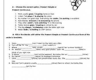 Verb Tenses : Present Simple vs. Present Continuous Worksheet