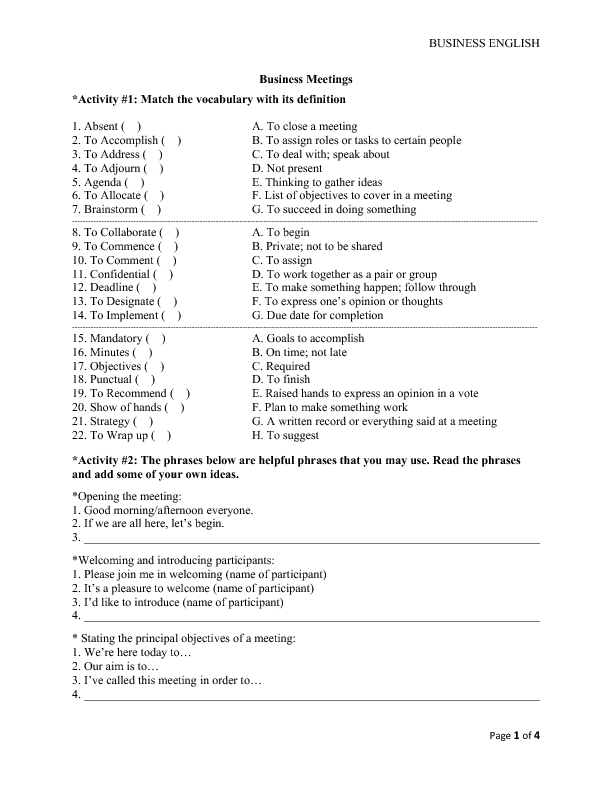 Business English Vocabulary Worksheets Pdf