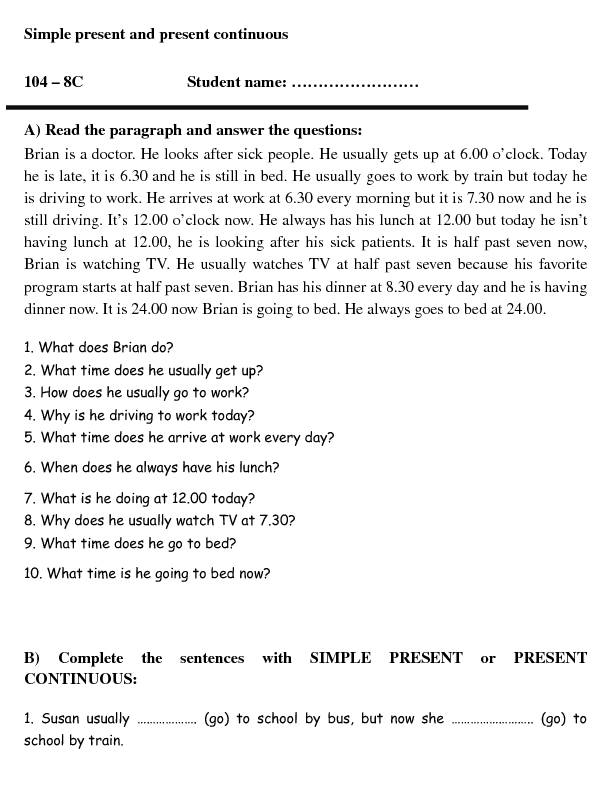 Present Simple Vs Present Continuous Text