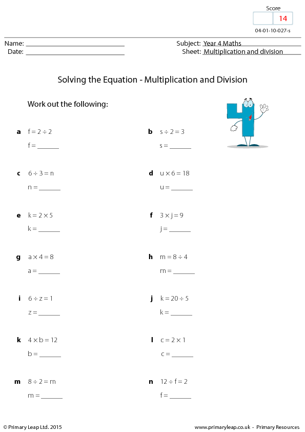 Multiplication And Division Equations Worksheets