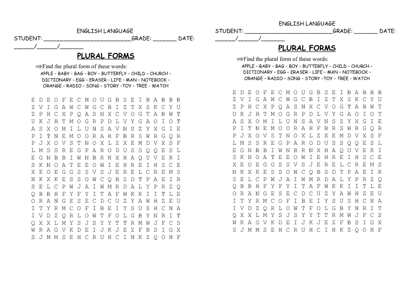 Wordsearch Plural Nouns