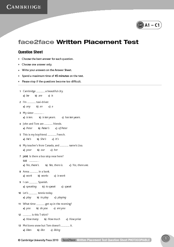 written-placement-test-of-cambridge-face-to-face