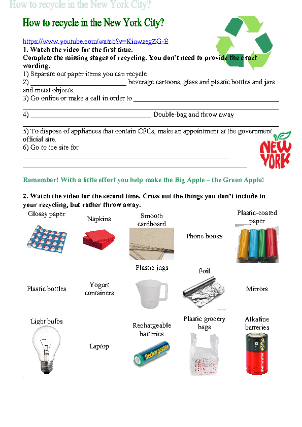 Movie Worksheet How To Recycle In New York City