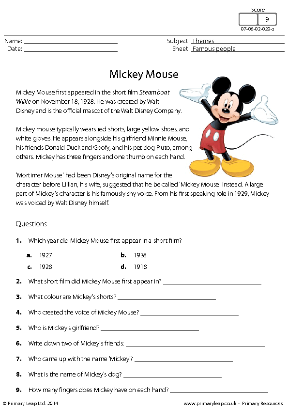 Disney Mickey Mouse Kindergarten Download Worksheet