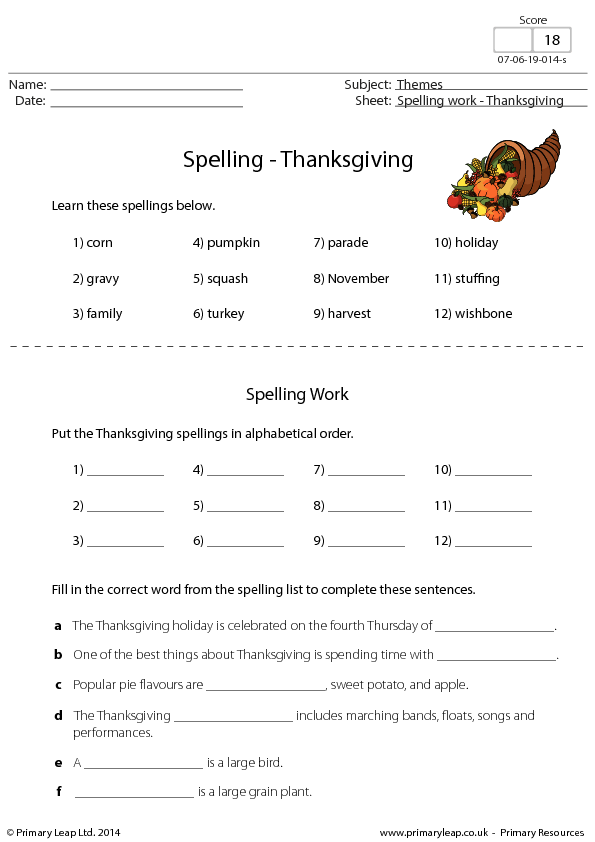 Spelling Thanksgiving