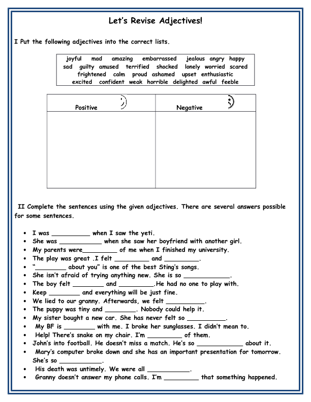 Positive And Negative Adjectives Worksheets
