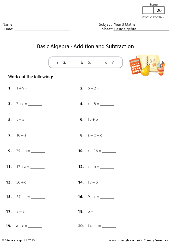 Addition Algebraic Equations Worksheets