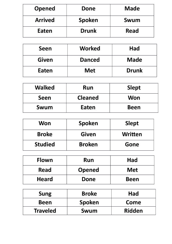 Past Participle Bingo - Elementary