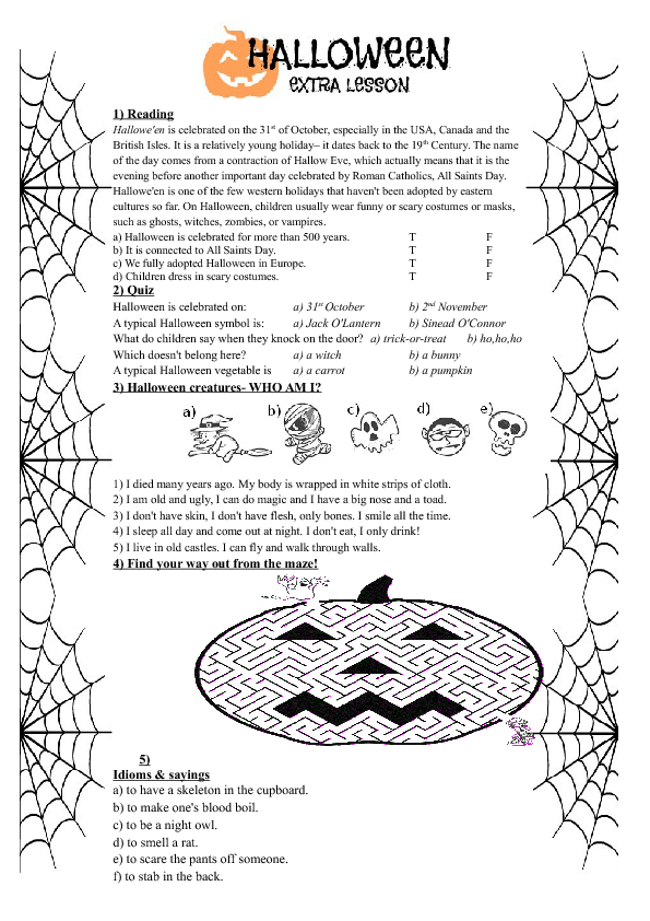 Halloween-themed reading worksheet with comprehension questions