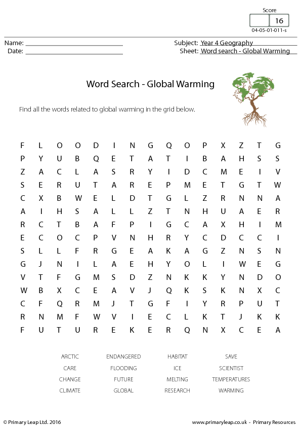 Global Warming Worksheet Word Search