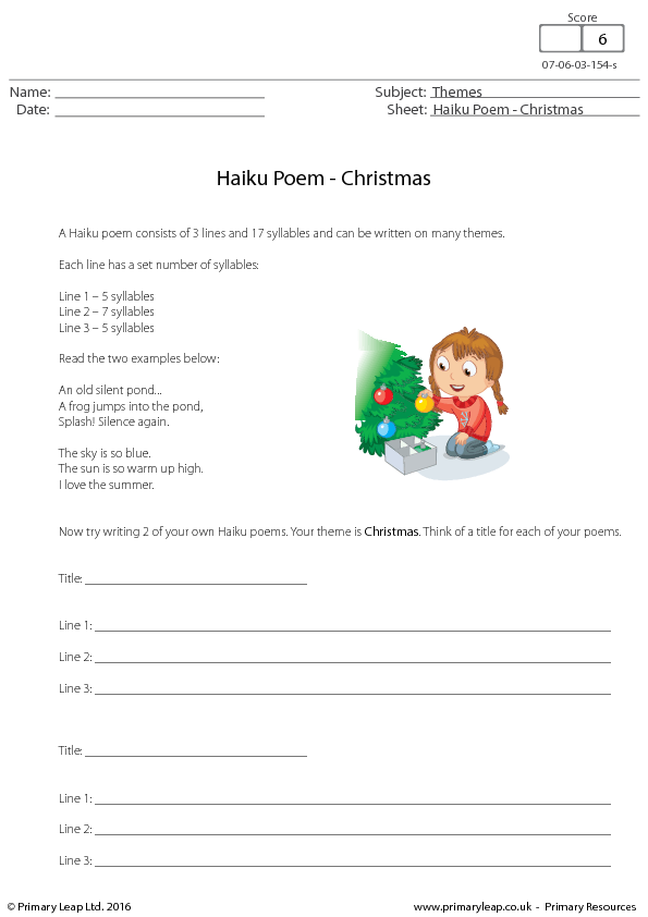 English Worksheet - Haiku Poem: Christmas