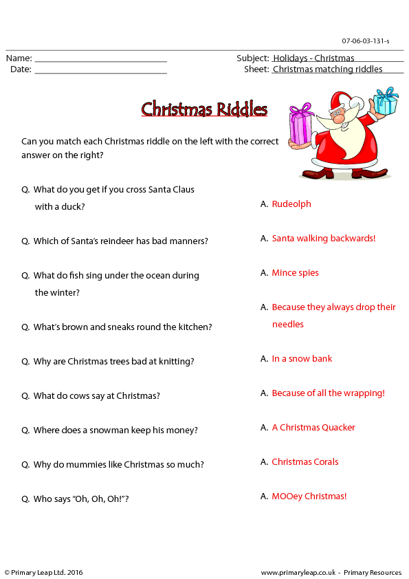 Christmas Riddles Matching Worksheet
