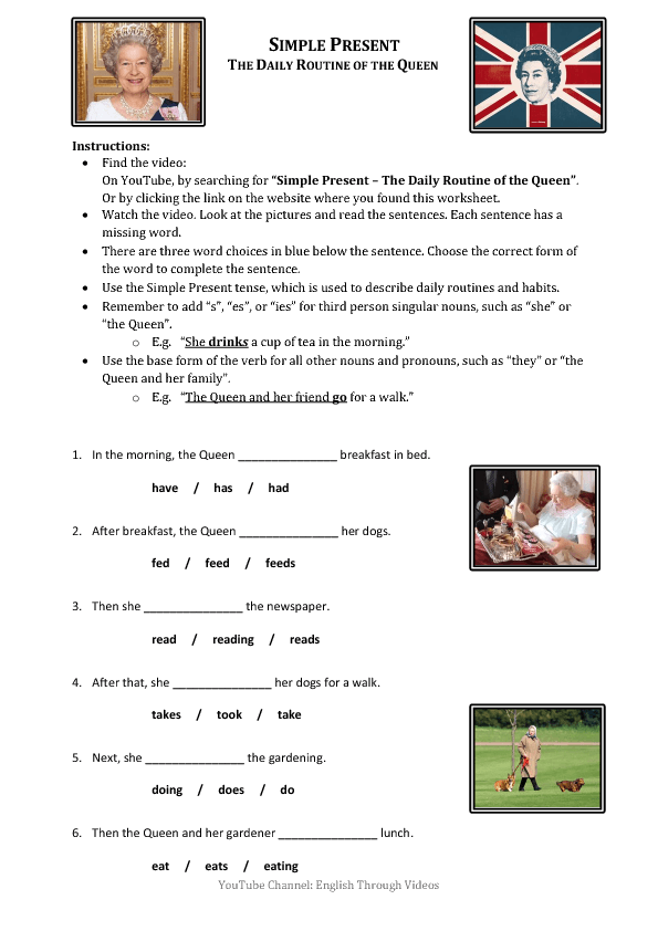 Movie Worksheet: Daily Routine of the Queen (Simple Present)
