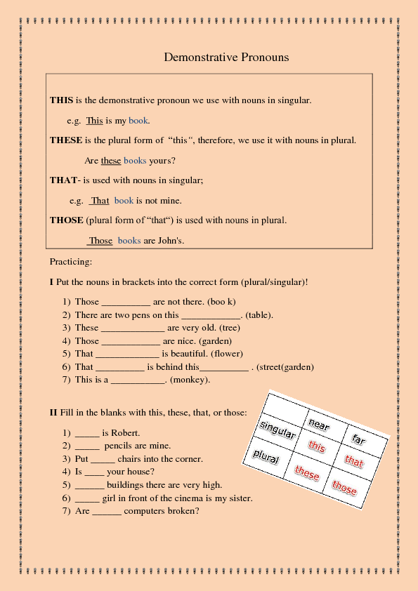 Demonstrative Pronouns Worksheets Grade 4