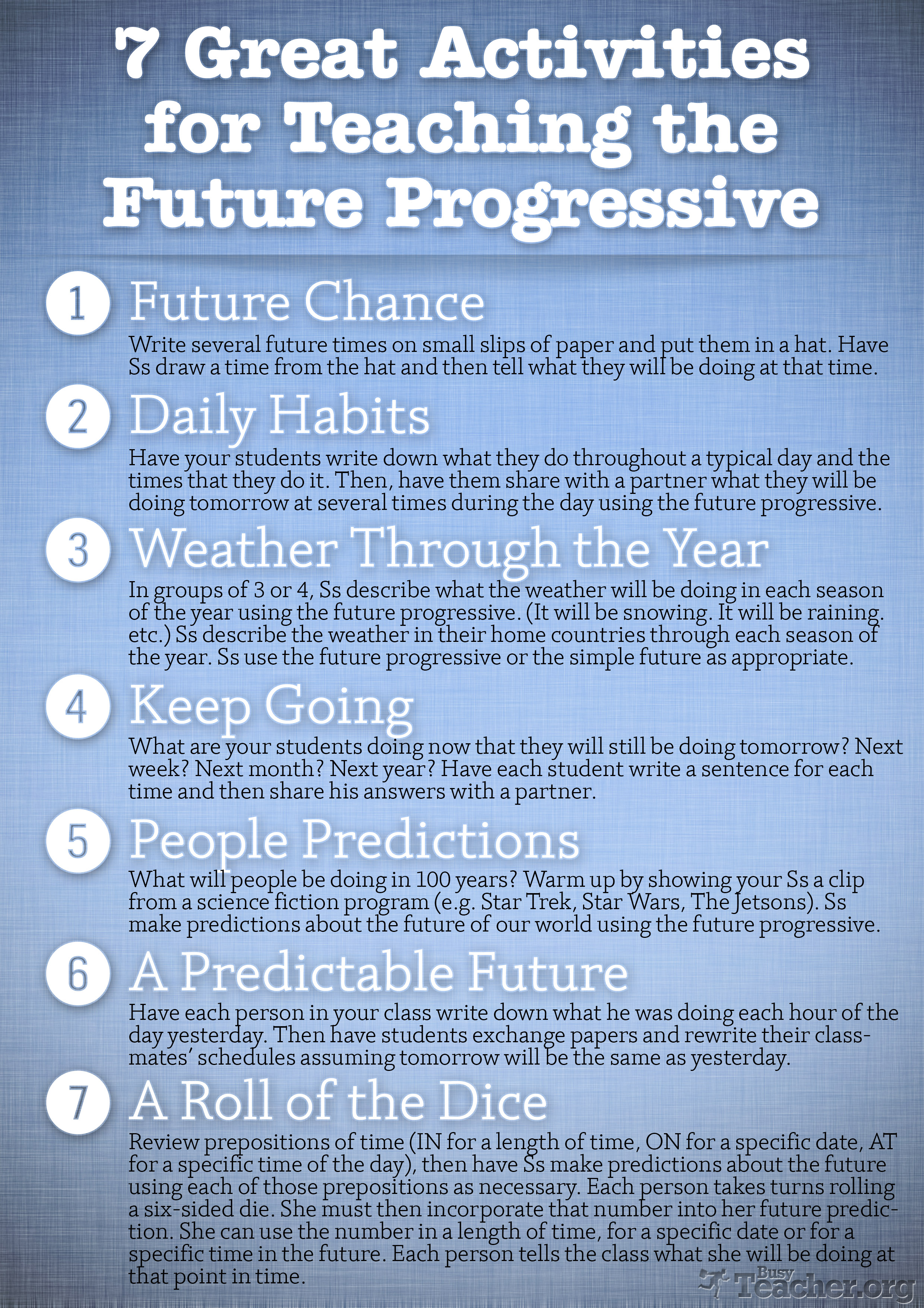 7 Great Activities to Teach the Future Progressive: Poster