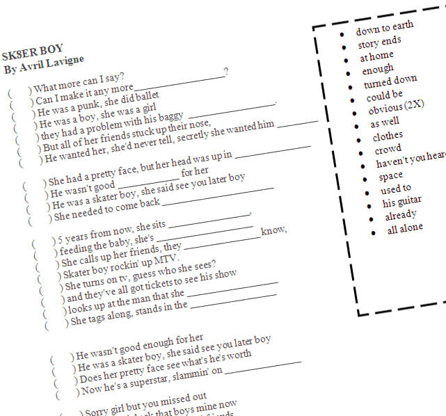 Skater Boy: Avril Lavigne Song Worksheet. 