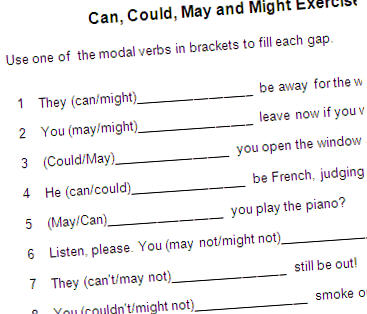 Can Could May And Might Exercise Use One Of The Modal Verbs In Brackets To Fill