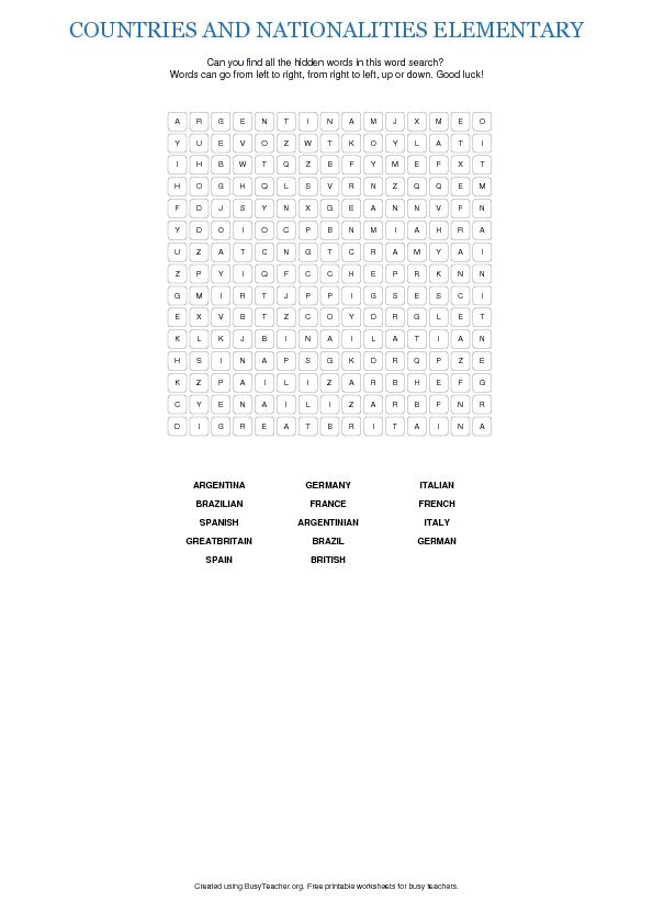 countries and nationalities elementary word search