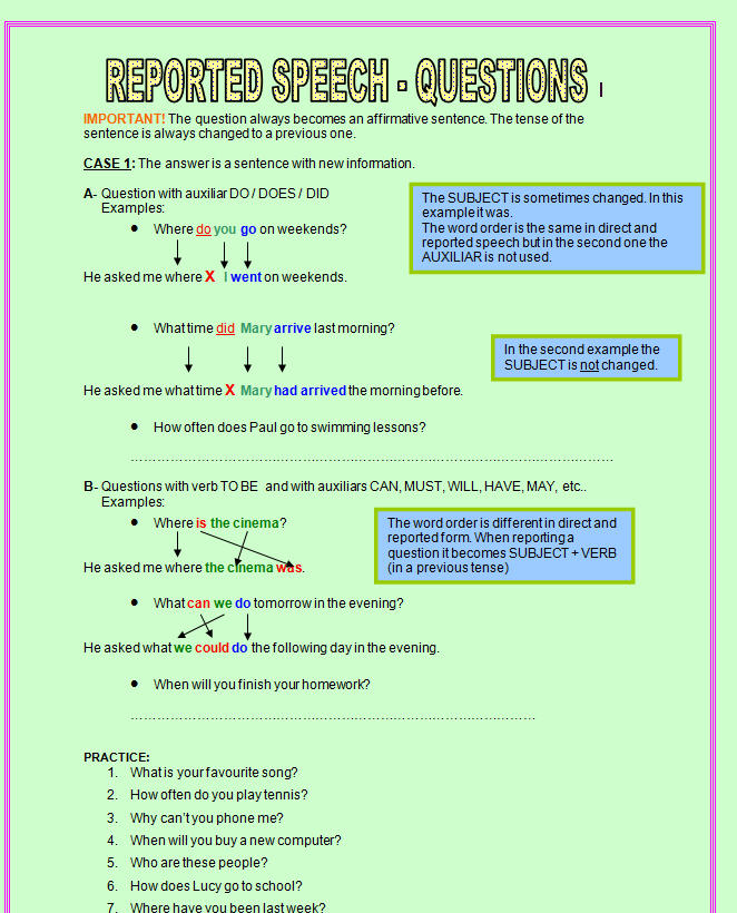 reported speech questions exercises with answers pdf
